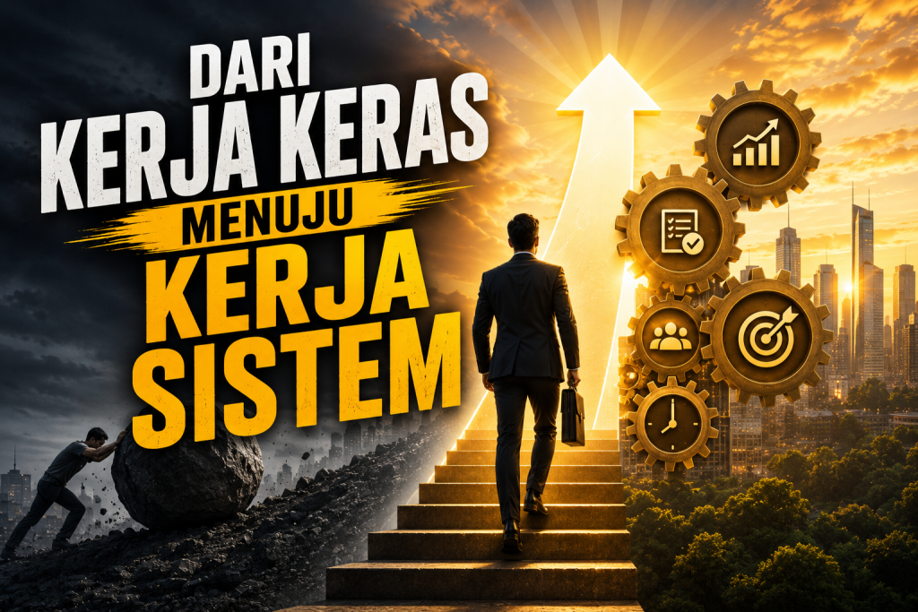Ilustrasi pebisnis melangkah dari kerja keras menuju kerja sistem sebagai simbol transformasi bisnis yang bertumbuh melalui sistem, SOP, kepemimpinan, dan eksekusi berdasarkan konsep Traction karya Gino Wickman.