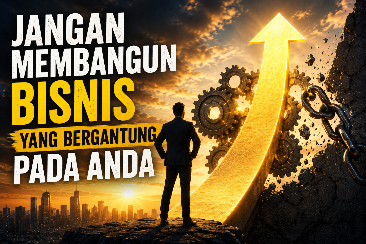 Ilustrasi pebisnis melangkah dari kerja keras menuju kerja sistem sebagai simbol transformasi bisnis yang bertumbuh melalui sistem, SOP, kepemimpinan, dan eksekusi berdasarkan konsep Traction karya Gino Wickman.