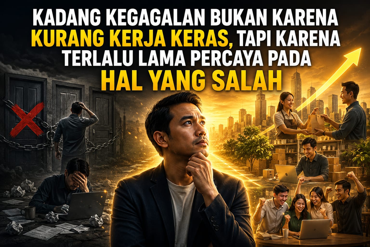 Poster bisnis bergaya sinematik yang menampilkan seorang pengusaha sedang berpikir serius di tengah persimpangan antara kegagalan dan kesuksesan. Sisi kiri visual menggambarkan suasana suram dengan simbol hambatan, tekanan, dan bisnis yang mengalami kesulitan. Sisi kanan menampilkan suasana cerah dengan tim yang sukses, pelanggan yang puas, pertumbuhan usaha, serta grafik yang menunjukkan perkembangan positif. Visual ini menggambarkan pesan bahwa kegagalan dalam bisnis tidak selalu disebabkan oleh kurangnya kerja keras, tetapi sering kali karena terlalu lama mempertahankan keyakinan dan strategi yang keliru