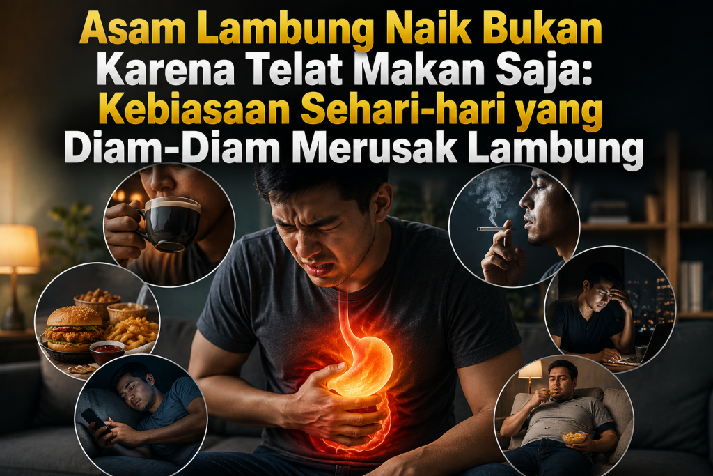 Ilustrasi seorang pria memegang bagian ulu hati dengan ekspresi kesakitan akibat asam lambung naik. Di sekelilingnya terdapat visual kebiasaan sehari-hari seperti minum kopi, merokok, makan makanan cepat saji, begadang, dan langsung berbaring setelah makan yang menggambarkan berbagai faktor pemicu gangguan lambung. Judul utama berbunyi: "Asam Lambung Naik Bukan Karena Telat Makan Saja: Kebiasaan Sehari-hari yang Diam-Diam Merusak Lambung."
