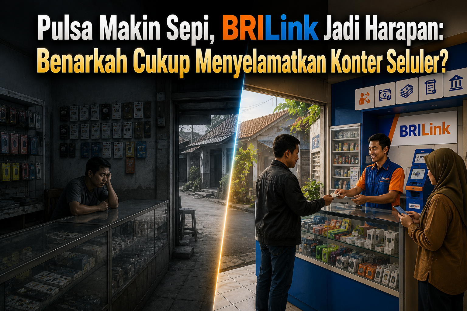 Ilustrasi kontras sebuah konter seluler yang sepi pelanggan dengan konter yang melayani transaksi BRILink, menggambarkan transformasi bisnis UMKM telekomunikasi di tengah menurunnya penjualan pulsa akibat digitalisasi, marketplace, mobile banking, dan perubahan perilaku konsumen di Indonesia.