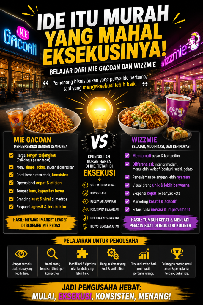 IDE ITU MURAH, YANG MAHAL ADALAH EKSEKUSINYA
Belajar dari Mie Gacoan & Wizzmie: Mengapa Pemenang Pasar Bukan Selalu yang Datang Pertama