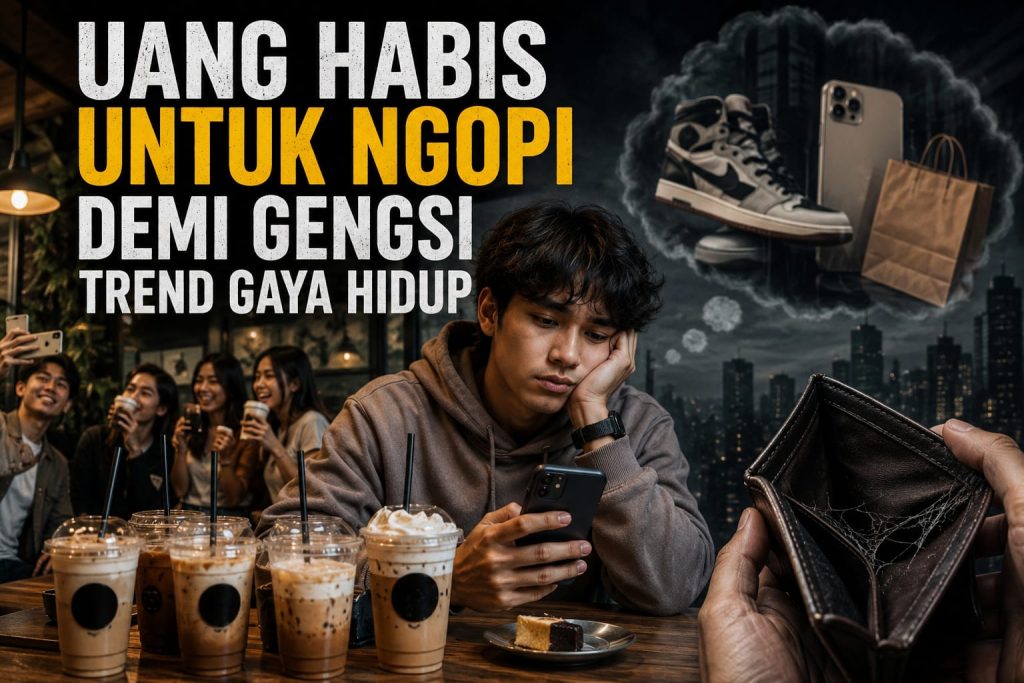 Seorang anak muda Generasi Z duduk di sebuah coffee shop modern dengan secangkir kopi di tangannya. Suasana kafe terlihat hangat, estetik, dan ramai dengan aktivitas anak muda lainnya. Di sekelilingnya tampak elemen kehidupan digital seperti ponsel, media sosial, dan budaya nongkrong yang identik dengan generasi masa kini. Ekspresi tokoh utama terlihat reflektif, menggambarkan hubungan erat antara kopi, gaya hidup, produktivitas, dan identitas sosial Generasi Z di era modern