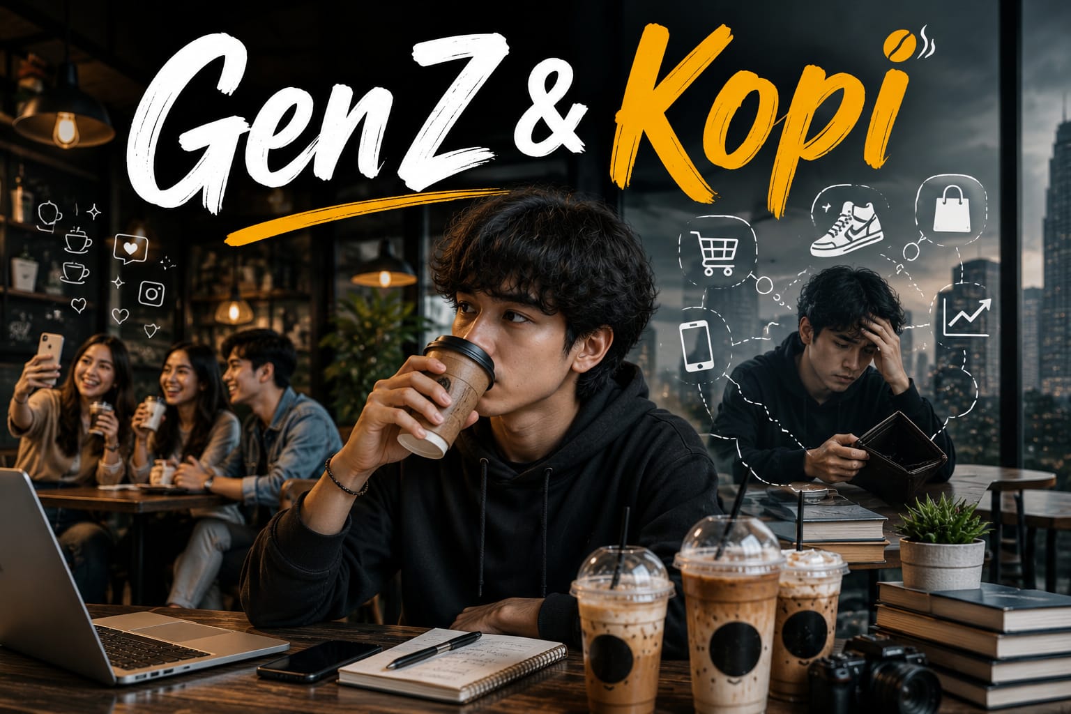 Seorang anak muda Generasi Z duduk di sebuah coffee shop modern dengan secangkir kopi di tangannya. Suasana kafe terlihat hangat, estetik, dan ramai dengan aktivitas anak muda lainnya. Di sekelilingnya tampak elemen kehidupan digital seperti ponsel, media sosial, dan budaya nongkrong yang identik dengan generasi masa kini. Ekspresi tokoh utama terlihat reflektif, menggambarkan hubungan erat antara kopi, gaya hidup, produktivitas, dan identitas sosial Generasi Z di era modern