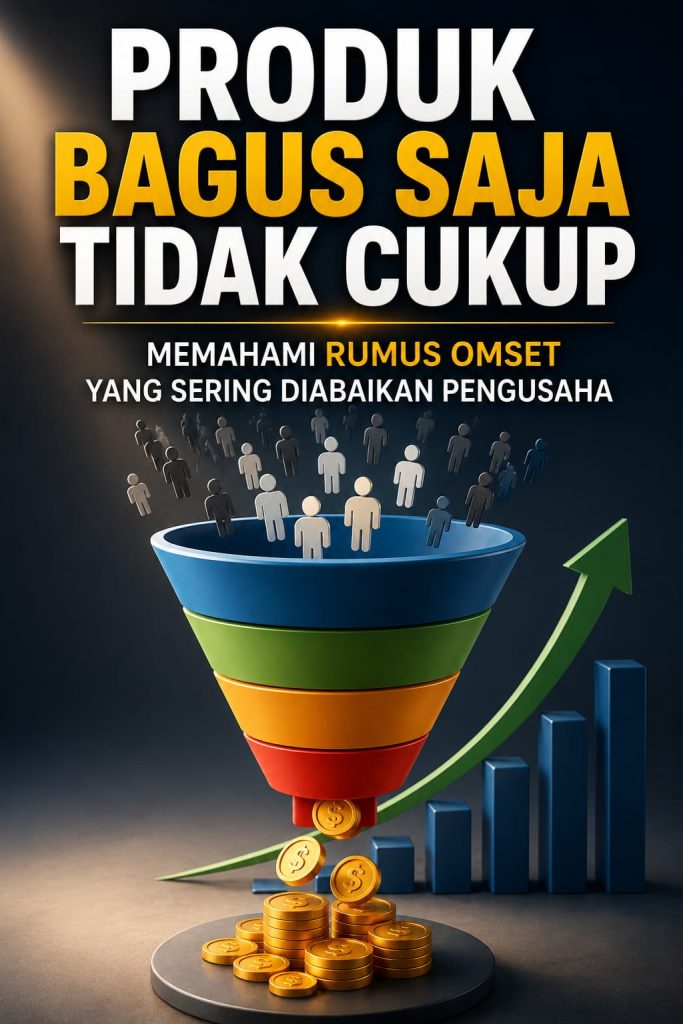 Produk Bagus Saja Tidak Cukup: Memahami Rumus Omset yang Sering Diabaikan Pengusaha. Ilustrasi sales funnel, prospek, closing rate, average sales, dan repeat order untuk meningkatkan penjualan bisnis.