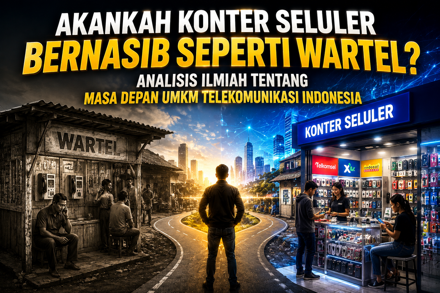 Ilustrasi kontras antara wartel era 2000-an dan konter seluler modern sebagai simbol transformasi industri telekomunikasi Indonesia, menggambarkan analisis masa depan UMKM konter seluler menuju tahun 2031 di tengah disrupsi marketplace, mobile banking, dompet digital, dan teknologi eSIM.