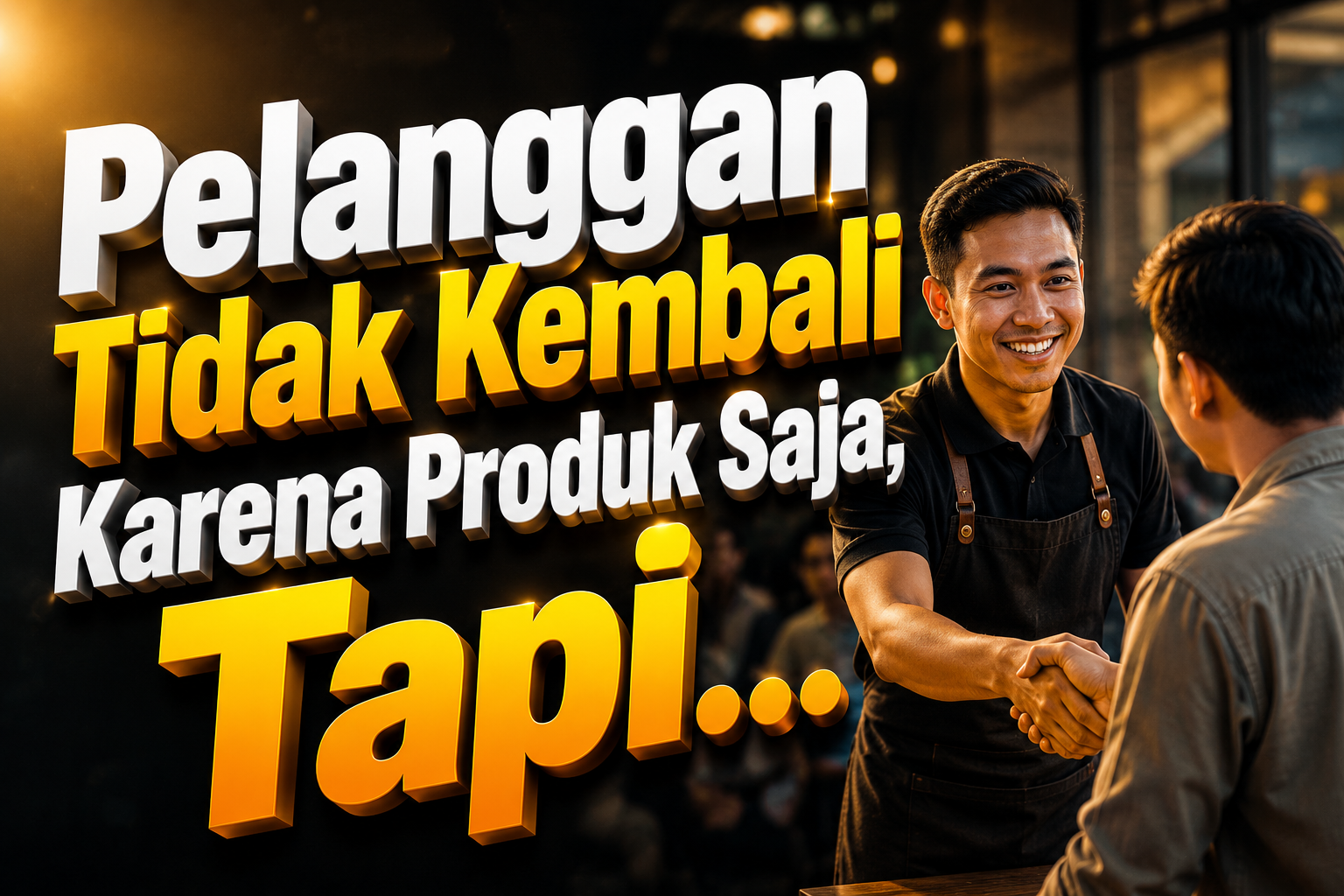 Ilustrasi seorang pelanggan berjabat tangan dengan pelayan sebagai simbol pelayanan yang ramah, pengalaman pelanggan, dan loyalitas pelanggan, dengan judul "Pelanggan Tidak Kembali Karena Produk Saja, Tapi..." yang menggambarkan pentingnya customer experience dalam membangun bisnis jangka panjang.