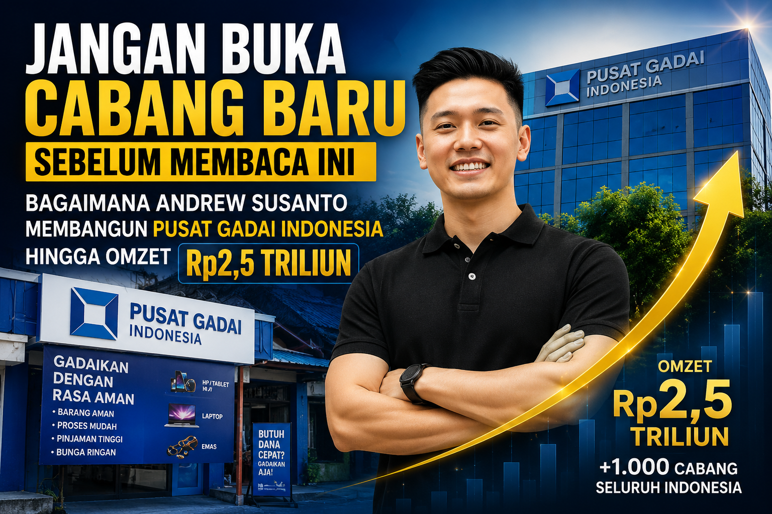 Poster bisnis bertema kepemimpinan dan sistem operasional yang menampilkan Andrew Susanto sebagai pendiri Pusat Gadai Indonesia, dipadukan dengan visual kantor pusat, kantor cabang, grafik pertumbuhan, serta panah yang melambangkan ekspansi bisnis berkelanjutan. Visual ini menggambarkan pentingnya membangun pondasi, sistem, SOP, dan disiplin operasional sebelum melakukan ekspansi bisnis agar pertumbuhan dapat berlangsung sehat, konsisten, dan berkelanjutan.