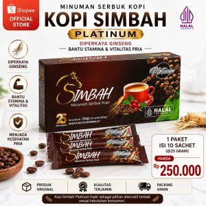 Kopi Simbah Platinum 10 Sachet diperkaya ginseng pilihan untuk membantu menjaga stamina, vitalitas, fokus kerja, dan energi harian. Halal Indonesia, BPOM resmi. Harga Rp250.000.