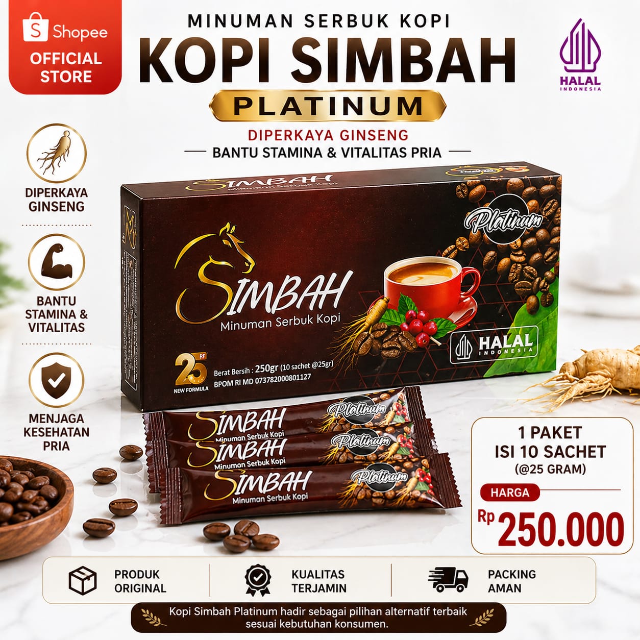 Kopi Simbah Platinum 10 Sachet diperkaya ginseng pilihan untuk membantu menjaga stamina, vitalitas, fokus kerja, dan energi harian. Halal Indonesia, BPOM resmi. Harga Rp250.000.