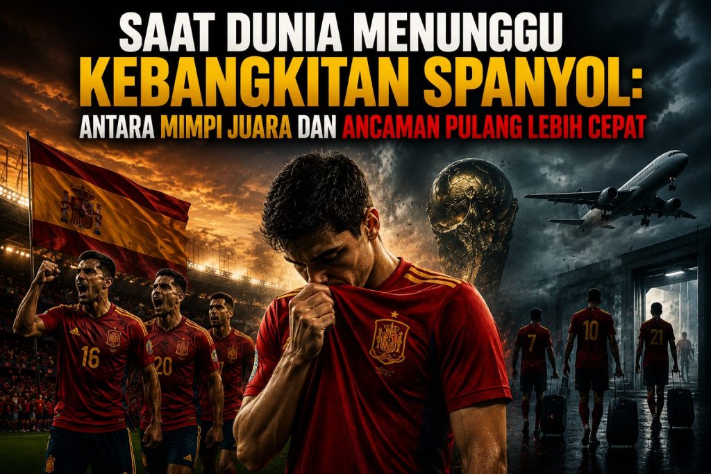Saat Dunia Menunggu Kebangkitan Spanyol: Antara Mimpi Juara dan Ancaman Pulang Lebih Cepat — Visual realistis menampilkan para pemain Timnas Spanyol dengan ekspresi penuh tekanan dan tekad di tengah atmosfer megah Piala Dunia 2026. Latar stadion dipenuhi sorotan lampu, bendera Spanyol berkibar, dan suasana pertandingan yang menegangkan, menggambarkan perjuangan La Furia Roja untuk bangkit setelah hasil mengecewakan di laga pembuka dan menjaga harapan menjadi juara dunia tetap hidup.