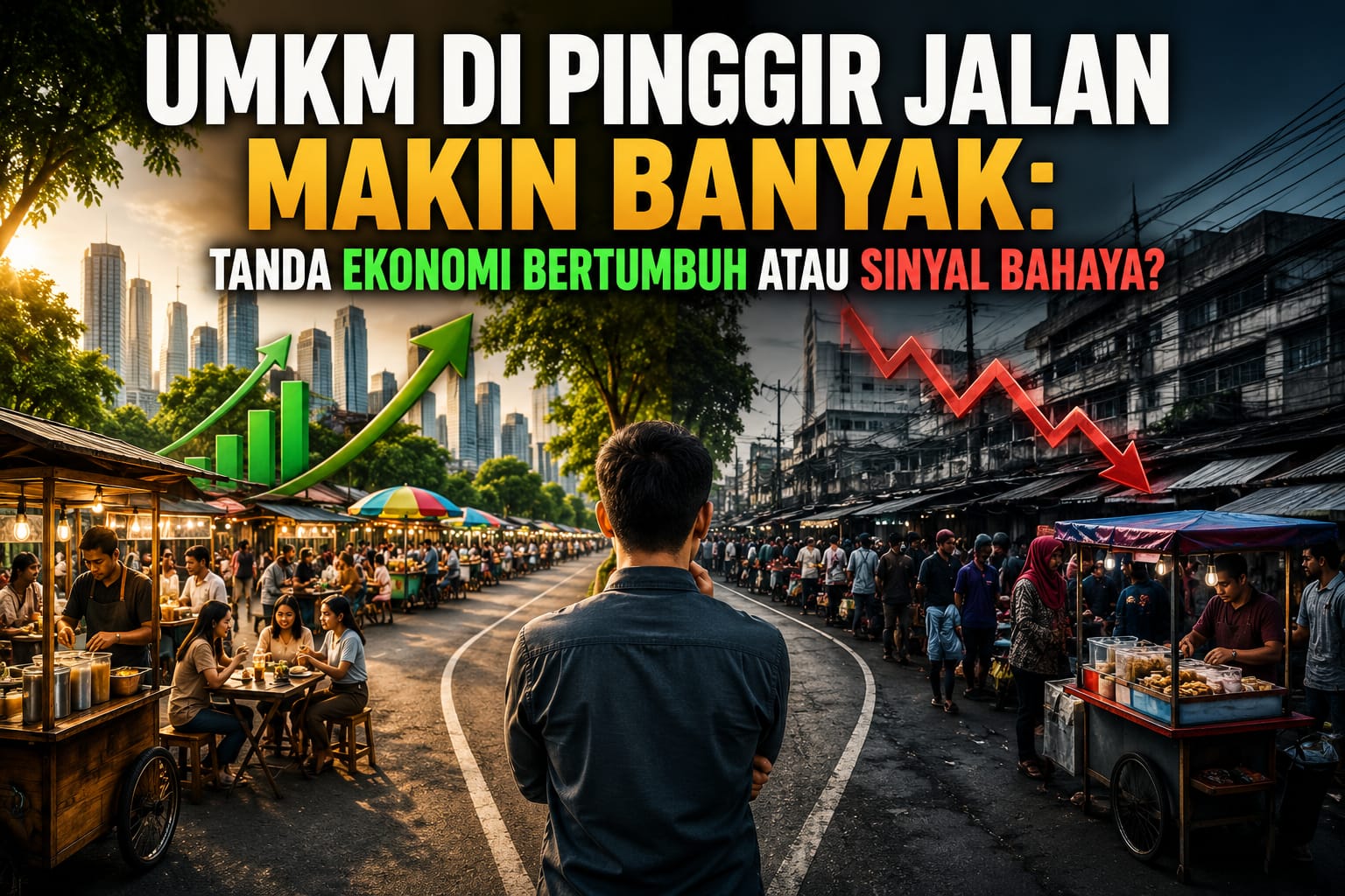 Pedagang UMKM dan kaki lima berjualan di sepanjang pinggir jalan yang ramai aktivitas masyarakat. Deretan gerobak makanan, minuman, dan usaha mikro menggambarkan fenomena meningkatnya jumlah pelaku UMKM di tengah dinamika ekonomi, lapangan kerja, dan daya beli masyarakat Indonesia.