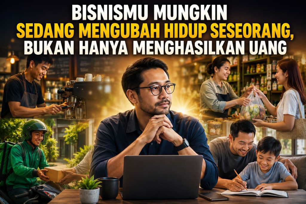 Seorang pengusaha sedang duduk di depan laptop dengan ekspresi reflektif dan penuh pemikiran. Di sekelilingnya terlihat berbagai aktivitas yang menggambarkan dampak sebuah bisnis terhadap kehidupan banyak orang, seperti barista yang bekerja, kurir mengantar paket, pedagang melayani pelanggan, serta seorang ayah yang mendampingi anaknya belajar. Cahaya hangat dan suasana profesional menggambarkan bahwa bisnis bukan hanya tentang keuntungan, tetapi juga tentang menciptakan manfaat dan mengubah kehidupan banyak orang.