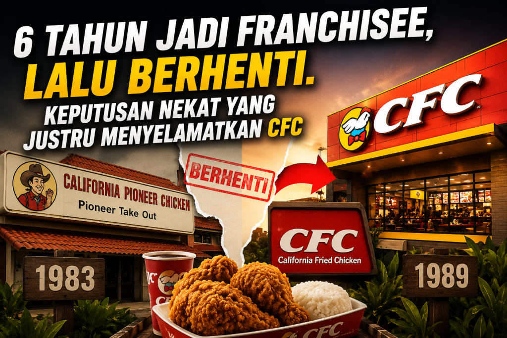 Ilustrasi transformasi CFC dari franchise California Pioneer Chicken menjadi California Fried Chicken, dengan judul "6 Tahun Jadi Franchisee, Lalu Berhenti. Keputusan Nekat yang Justru Menyelamatkan CFC", menggambarkan keputusan strategis membangun sistem bisnis sendiri demi pertumbuhan jangka panjang.