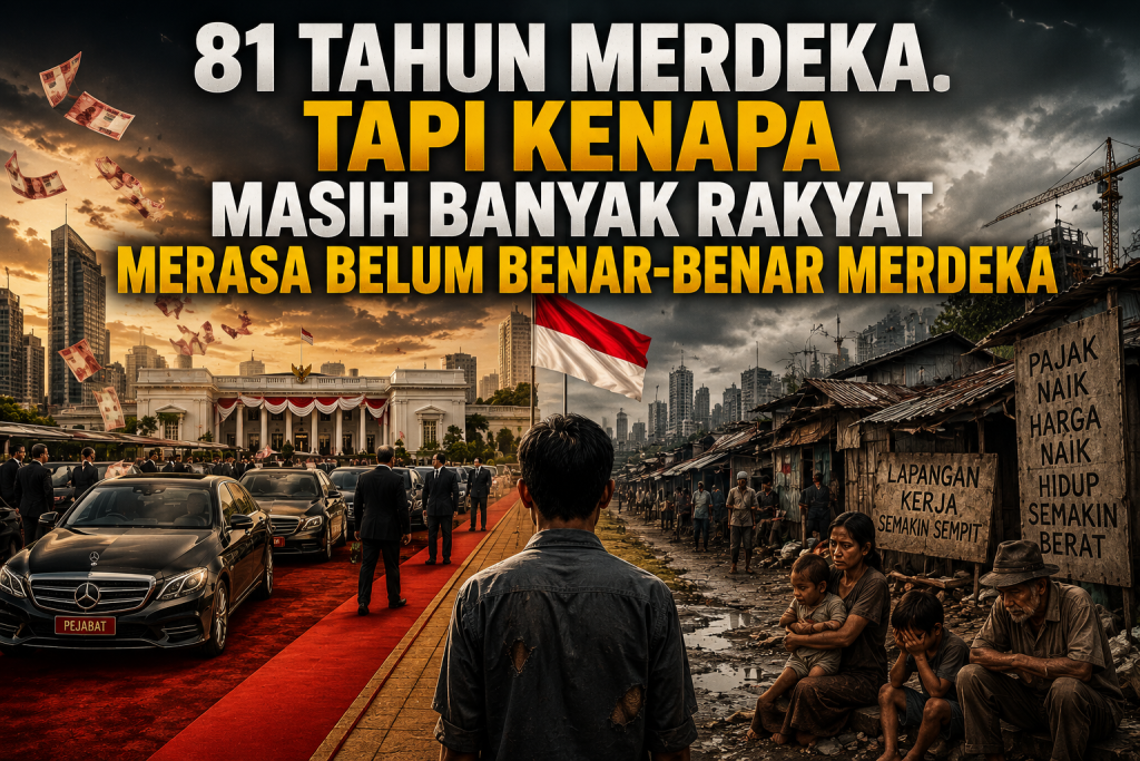 Ilustrasi Hari Kemerdekaan Indonesia ke-81 yang menampilkan kontras antara kemajuan negara dan tantangan kehidupan masyarakat, sebagai refleksi tentang makna kemerdekaan dan keadilan sosial.