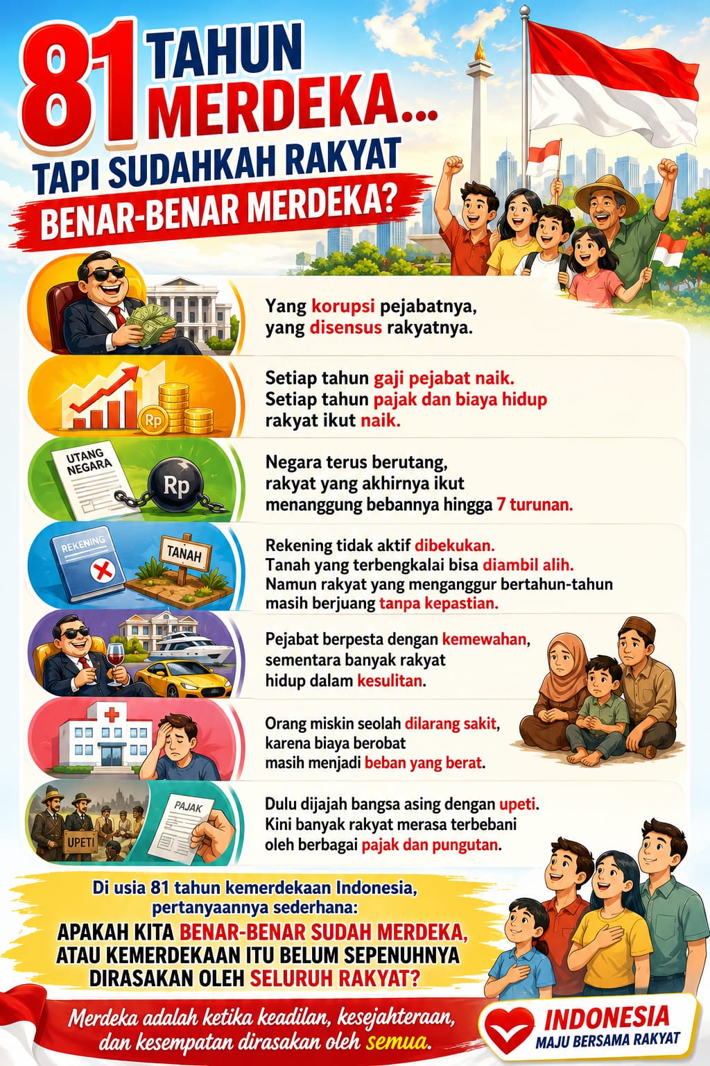 Visual editorial bertema Hari Kemerdekaan Indonesia ke-81 yang menggambarkan refleksi mengenai kesejahteraan rakyat, pertumbuhan ekonomi, dan makna kemerdekaan melalui kontras suasana kemajuan dan kehidupan masyarakat.