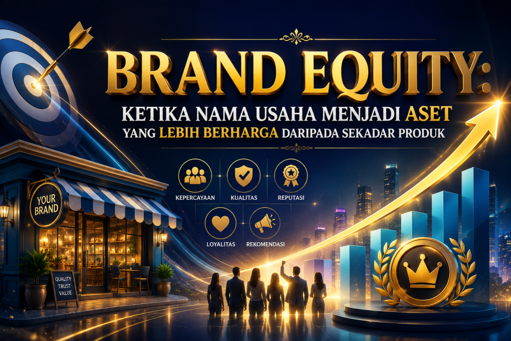 Ilustrasi Brand Equity yang menggambarkan kekuatan nama usaha sebagai aset melalui kepercayaan, kualitas, reputasi, loyalitas pelanggan, rekomendasi, dan pertumbuhan bisnis.