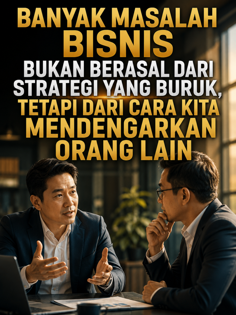 Ilustrasi dua profesional bisnis sedang berdiskusi serius di ruang rapat, menggambarkan pentingnya kemampuan mendengarkan dalam kepemimpinan, komunikasi bisnis, dan penyelesaian masalah organisasi.
