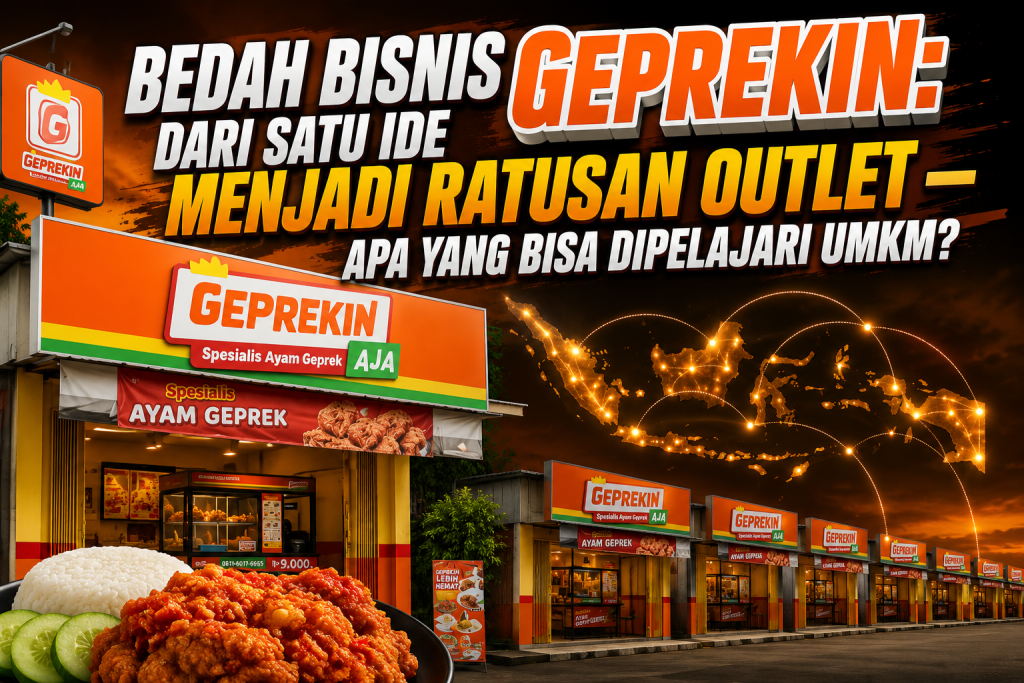 Ilustrasi premium bertema analisis bisnis GeprekinAja yang menampilkan outlet ayam geprek modern, hidangan ayam geprek, dan visual ekspansi bisnis sebagai representasi pertumbuhan jaringan waralaba di Indonesia.