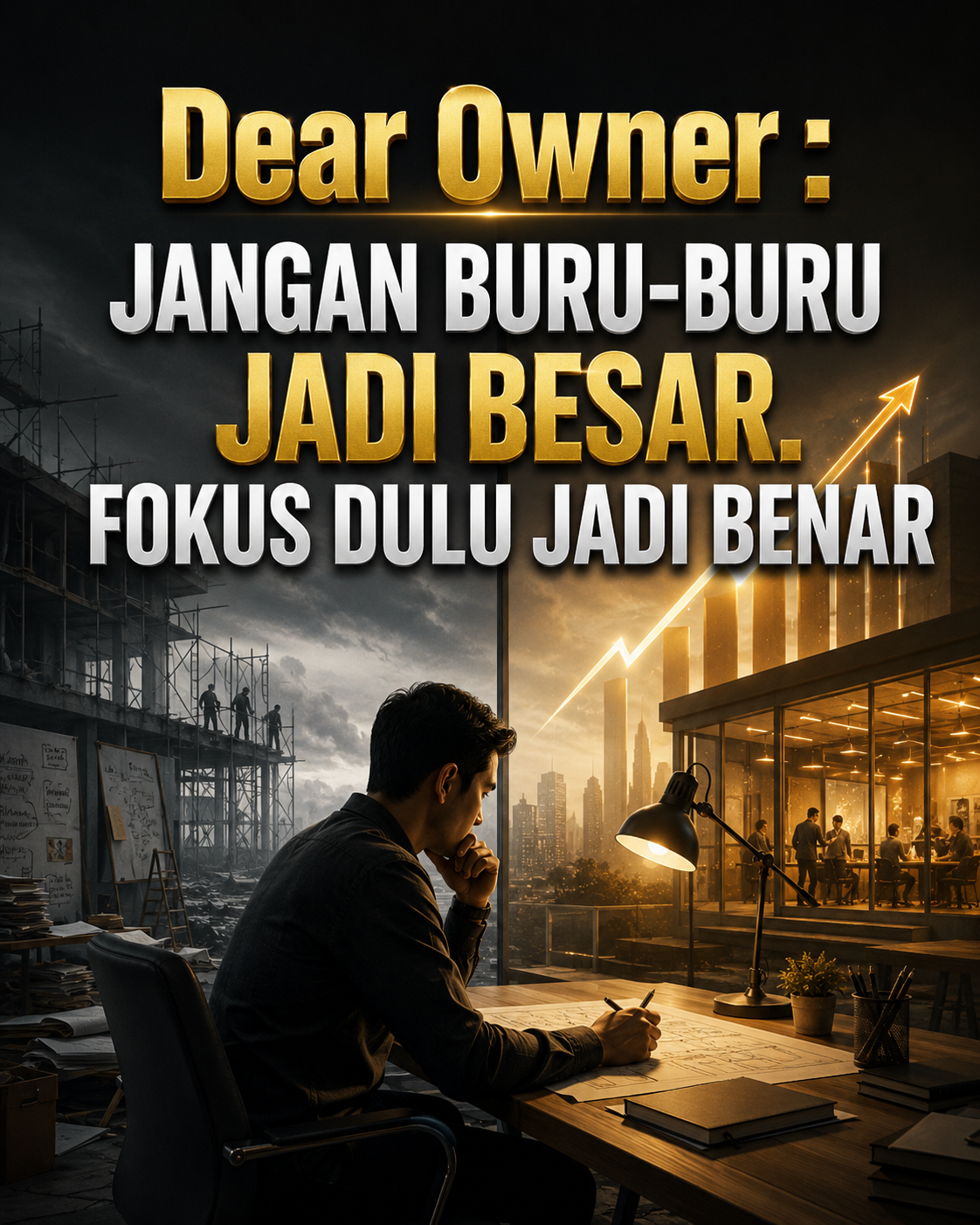 Cover artikel bisnis bergaya sinematik dengan nuansa profesional dan elegan. Seorang pemilik bisnis duduk di meja kerja sambil mempelajari blueprint dan menyusun strategi jangka panjang. Latar belakang terbagi menjadi dua sisi. Sisi kiri menampilkan proyek pembangunan yang masih dalam tahap pondasi sebagai simbol proses membangun bisnis yang membutuhkan kesabaran, disiplin, dan fondasi yang kuat. Sisi kanan memperlihatkan gedung perkantoran modern dengan grafik pertumbuhan yang terus meningkat, melambangkan hasil dari sistem bisnis yang matang dan pertumbuhan yang sehat. Pencahayaan hangat memberikan kesan optimisme dan visi jangka panjang. Di bagian atas terdapat judul besar "Dear Owner: Jangan Buru-Buru Jadi Besar. Fokus Dulu Jadi Benar." Visual ini menggambarkan pesan bahwa keberhasilan bisnis bukan ditentukan oleh seberapa cepat berkembang, melainkan oleh seberapa kuat sistem, budaya kerja, tata kelola, dan kualitas operasional yang dibangun sejak awal. Artikel membahas pentingnya membangun fondasi bisnis, SOP, kepemimpinan, disiplin operasional, serta pertumbuhan yang berkelanjutan bagi UMKM maupun perusahaan yang ingin naik kelas