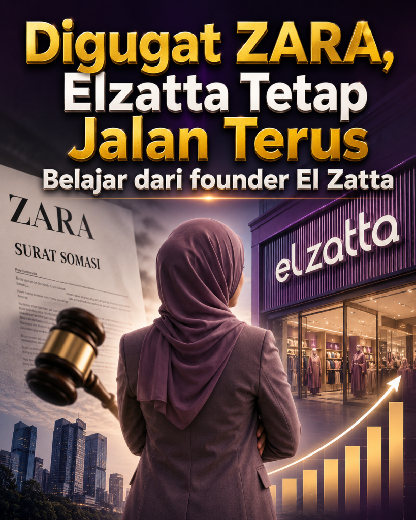 Ilustrasi bisnis tentang Elzatta yang tetap berkembang meski menghadapi gugatan merek dagang, menggambarkan ketangguhan founder dalam membangun bisnis melalui adaptasi, sistem, dan strategi pertumbuhan.
