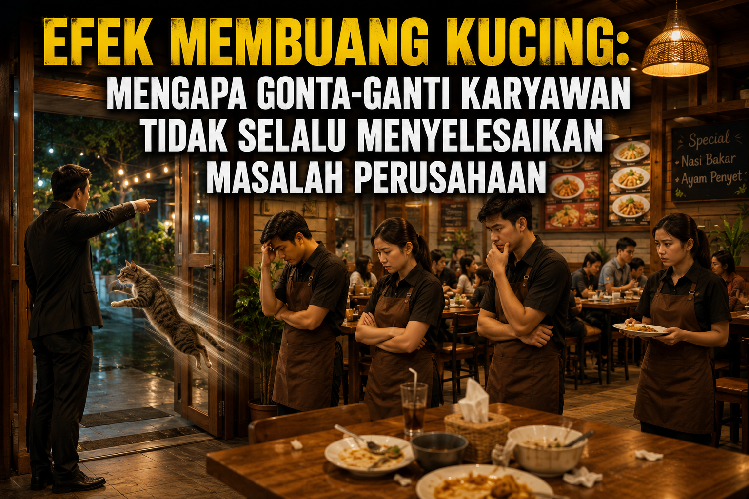 Efek membuang kucing dalam manajemen restoran dan pentingnya memperbaiki sistem sebelum mengganti karyawan.