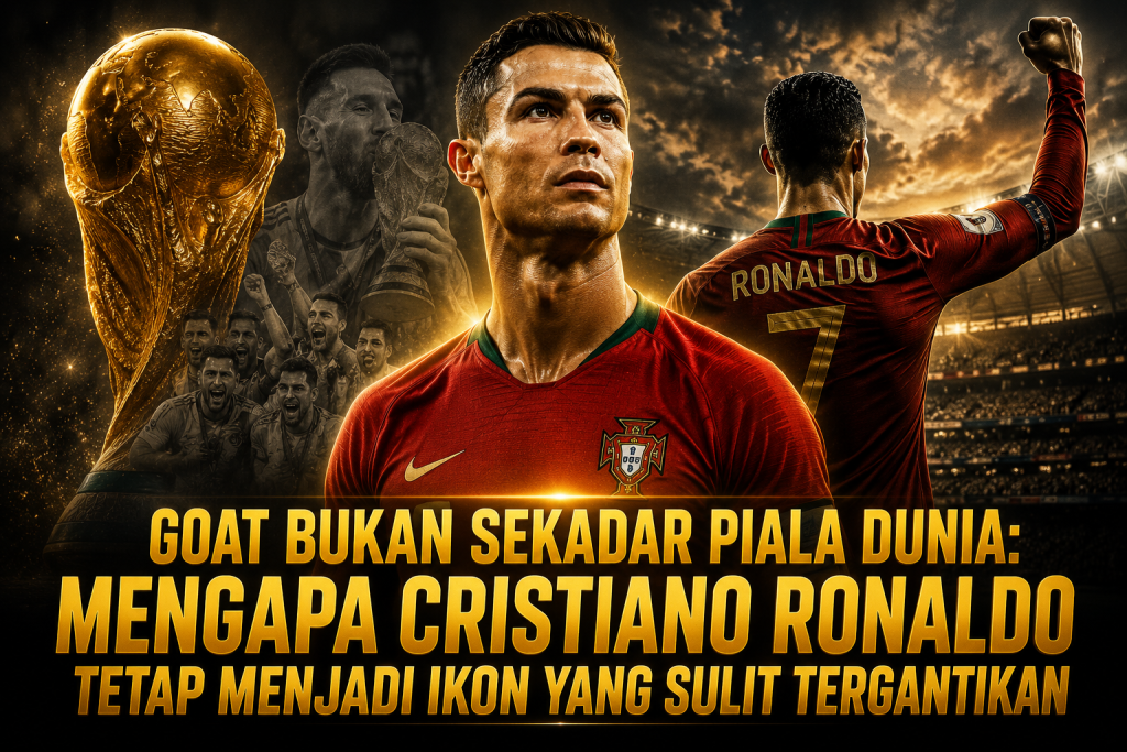 Ilustrasi Cristiano Ronaldo mengenakan jersey Portugal dengan latar stadion sepak bola dan Piala Dunia yang menggambarkan perdebatan GOAT serta warisan dan pengaruhnya dalam sejarah sepak bola dunia.