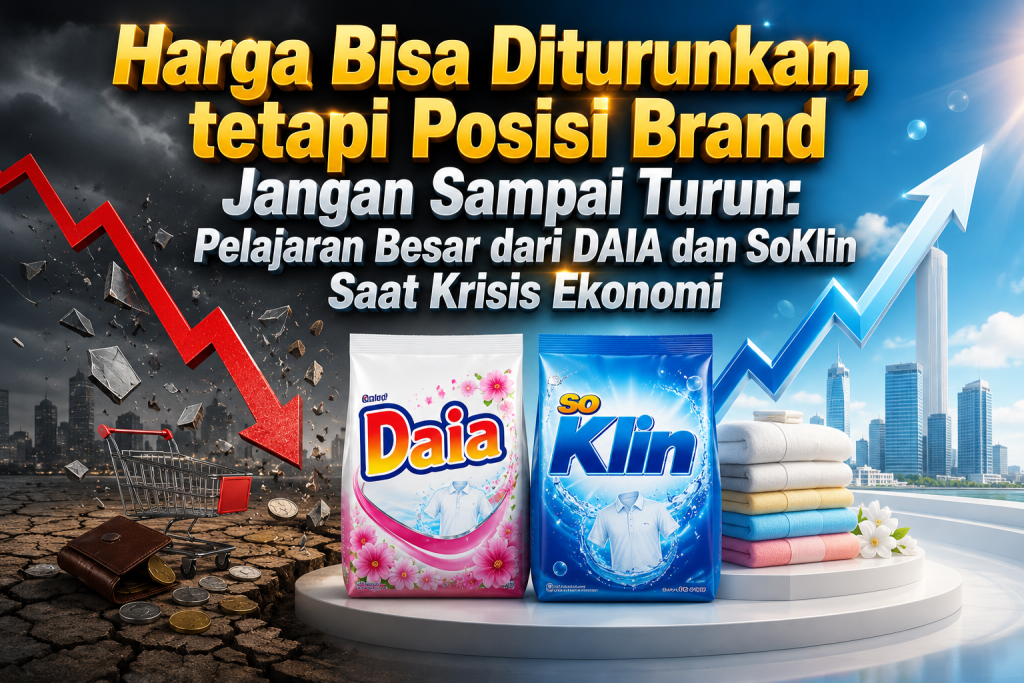Ilustrasi strategi bisnis saat krisis ekonomi yang menampilkan konsep penurunan harga tanpa menurunkan posisi brand, terinspirasi dari studi kasus DAIA dan SoKlin sebagai pelajaran penting tentang menjaga positioning merek.
