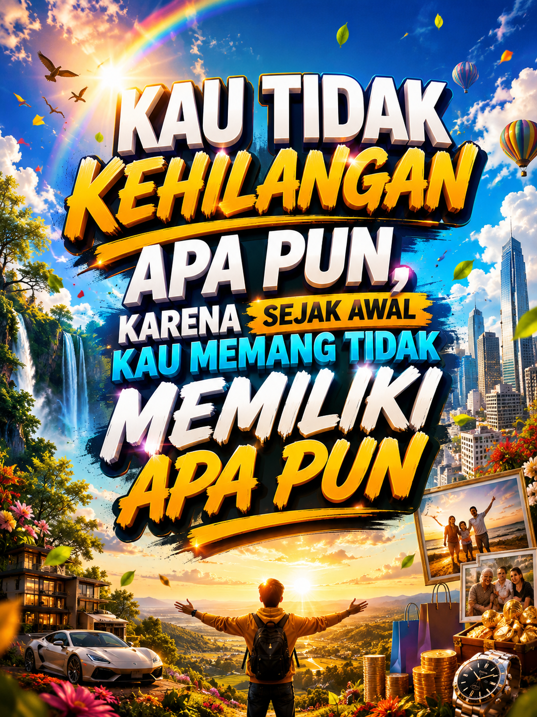 Poster motivasi Islami berwarna cerah dengan judul "Kau Tidak Kehilangan Apa Pun, Karena Sejak Awal Kau Memang Tidak Memiliki Apa Pun" yang menggambarkan konsep amanah, kehilangan, dan kepemilikan sejati menurut Islam.