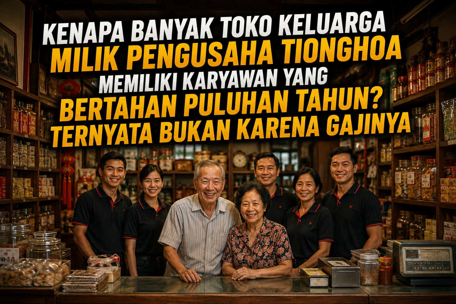 Kenapa Banyak Toko Keluarga Milik Pengusaha Tionghoa Memiliki Karyawan yang Bertahan Puluhan Tahun? Ternyata Bukan Karena Gajinya – ilustrasi budaya kerja dan loyalitas karyawan dalam bisnis keluarga.