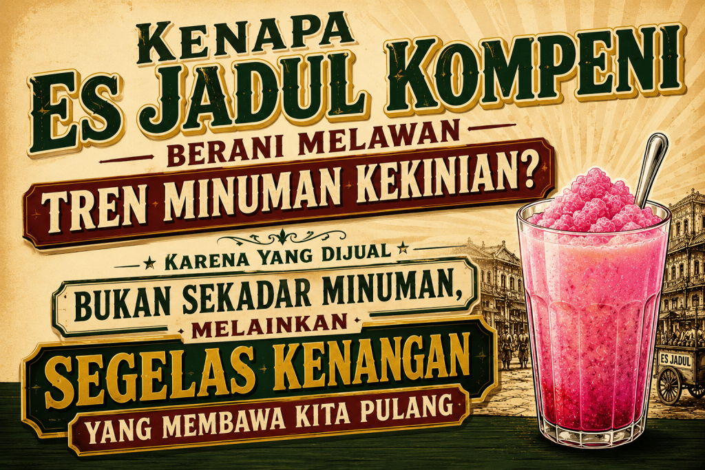Ilustrasi promosi Es Jadul Kompeni bergaya vintage dengan segelas minuman merah muda khas sebagai pusat perhatian, berlatar suasana kota tempo dulu. Menampilkan judul "Kenapa Es Jadul Kompeni Berani Melawan Tren Minuman Kekinian? Karena yang Dijual Bukan Sekadar Minuman, Melainkan Segelas Kenangan yang Membawa Kita Pulang."