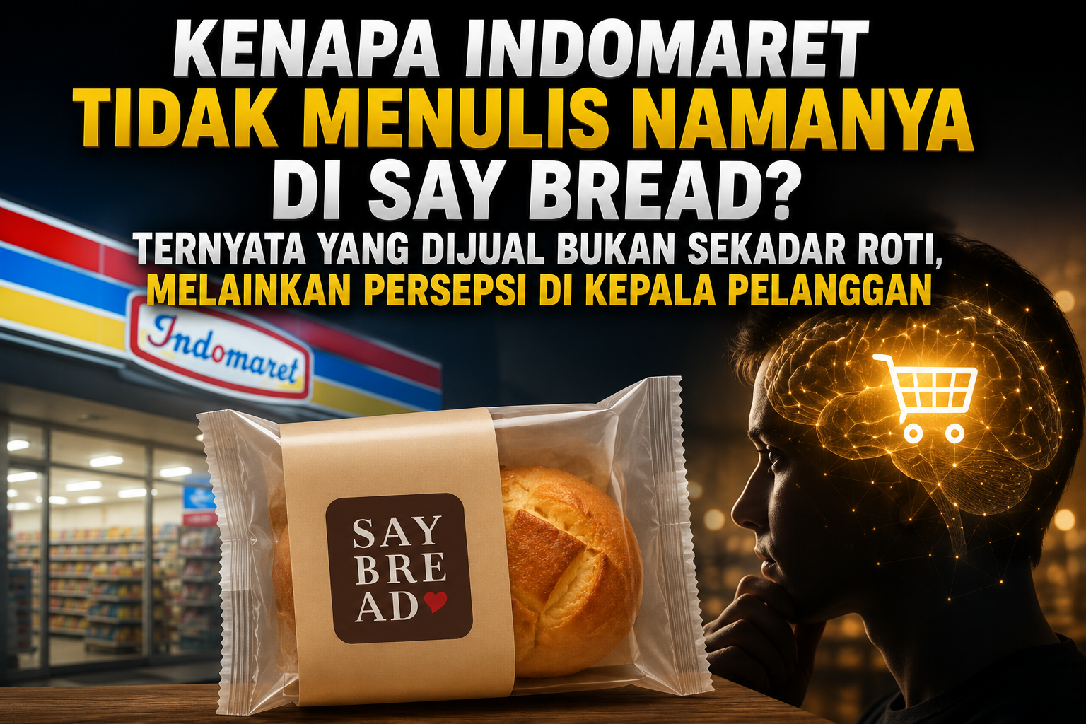 Visual Say Bread di depan gerai Indomaret dengan ilustrasi otak dan keranjang belanja yang menjelaskan bagaimana positioning mampu membentuk persepsi pelanggan terhadap sebuah produk.