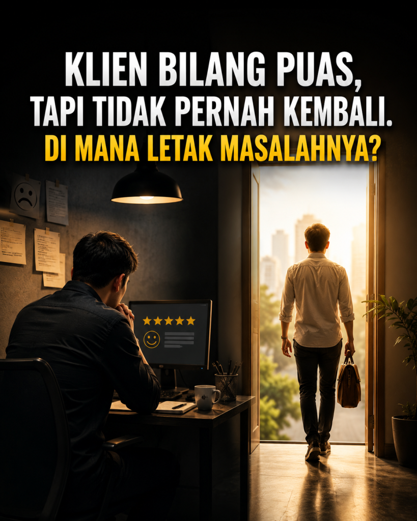 Ilustrasi konseptual seorang profesional yang sedang merenungkan mengapa klien tidak kembali meskipun memberikan ulasan positif. Visual memperlihatkan kontras antara kepuasan pelanggan yang terlihat di layar komputer dengan sosok klien yang berjalan meninggalkan ruangan. Gambar ini melambangkan perbedaan antara kepuasan sesaat dan loyalitas pelanggan yang menjadi fondasi pertumbuhan bisnis jangka panjang.