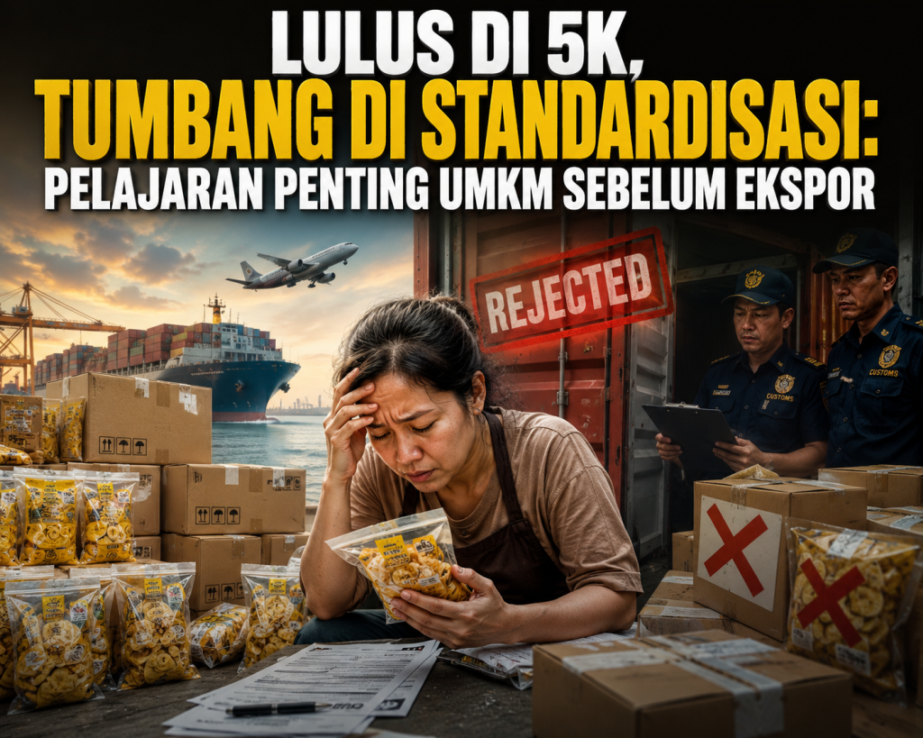 Ilustrasi ekspor produk UMKM yang menyoroti pentingnya standardisasi dan sertifikasi. Artikel membahas kisah nyata UMKM yang kehilangan peluang ekspor karena label kemasan tidak memenuhi standar negara tujuan, serta pentingnya membangun sistem bisnis sebelum mengejar pasar internasional.