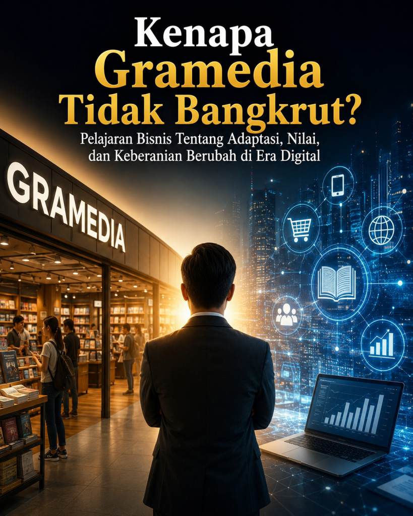 Ilustrasi bisnis tentang transformasi Gramedia yang berhasil bertahan di era digital melalui adaptasi, inovasi, diversifikasi bisnis, dan pengalaman pelanggan sebagai pelajaran penting bagi pelaku UMKM dan perusahaan.