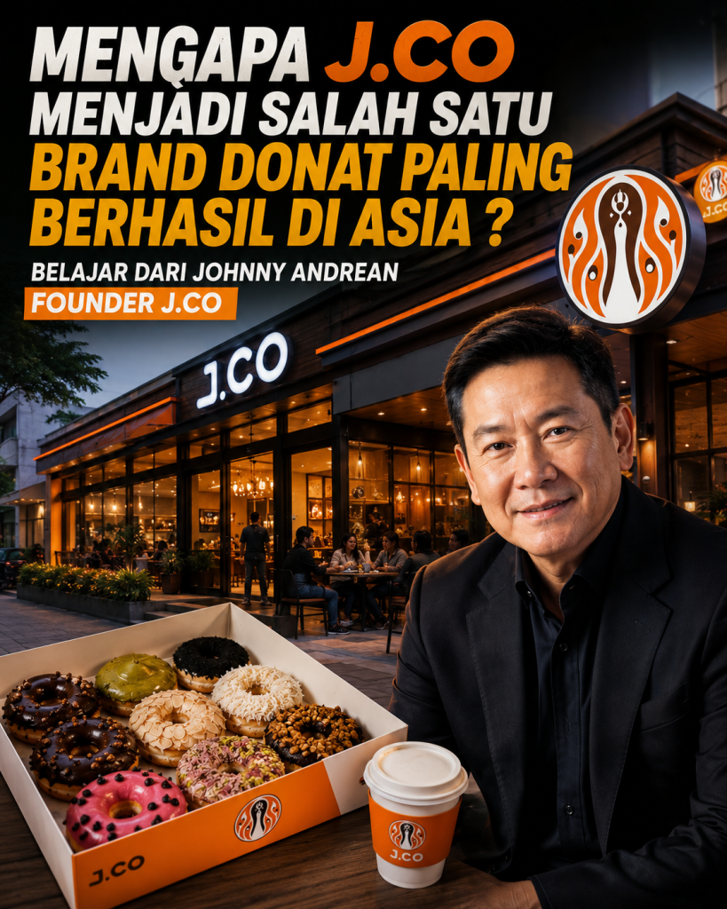 Ilustrasi gerai J.CO Donuts & Coffee dengan aneka donat premium dan secangkir kopi yang menggambarkan kisah sukses J.CO sebagai salah satu brand donat paling berhasil di Asia. Visual menyoroti pentingnya standar tinggi, inovasi, dan pengalaman pelanggan dalam membangun bisnis.