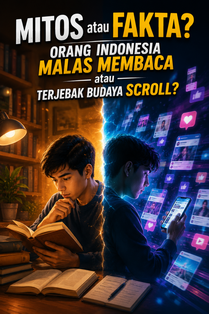 Ilustrasi perbandingan budaya membaca dan budaya scroll di era digital. Seorang pemuda membaca buku di satu sisi, sementara di sisi lain terlihat menggunakan smartphone dengan berbagai media sosial. Visual ini mengangkat pertanyaan: Mitos atau Fakta? Orang Indonesia Malas Membaca atau Terjebak Budaya Scroll?