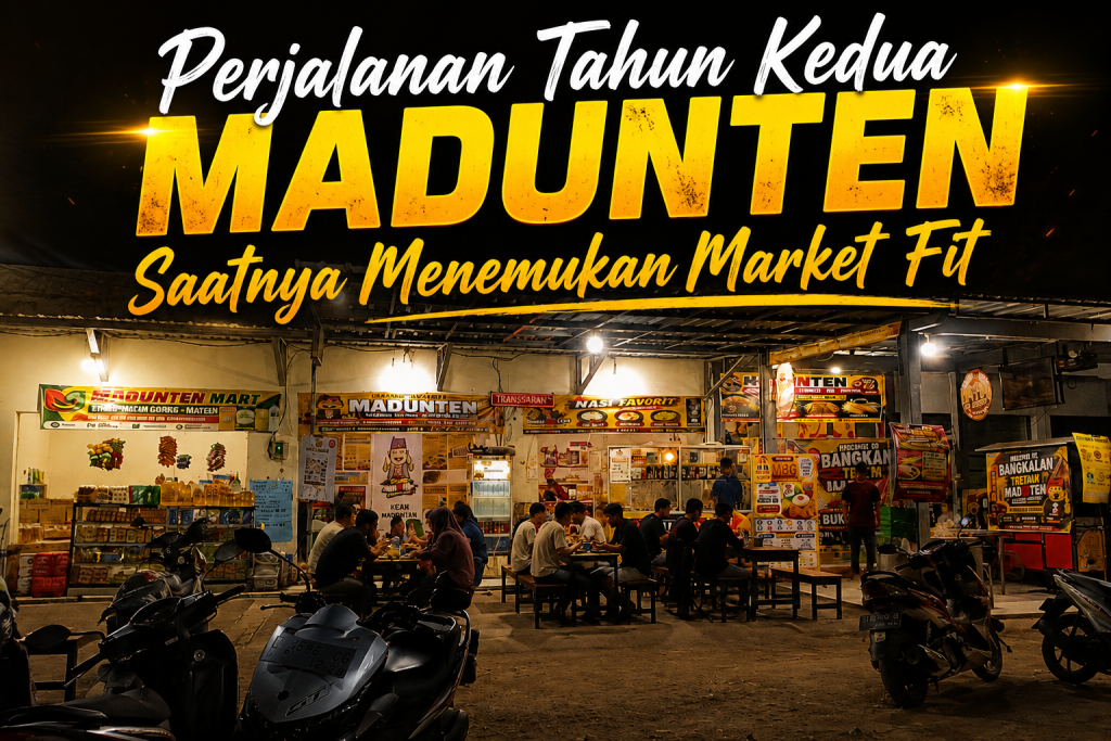Ilustrasi perjalanan bisnis MADUNTEN memasuki tahun kedua dengan fokus pada penyempurnaan brand, mendengarkan pelanggan, membangun sistem, dan menemukan market fit melalui perbaikan yang berkelanjutan.