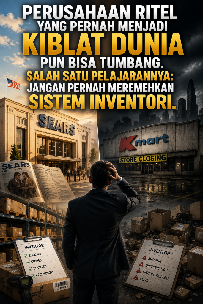 Ilustrasi perusahaan ritel besar yang mengalami kemunduran dengan latar gudang dan sistem inventori, menggambarkan pentingnya pengendalian stok, stock opname, dan sistem inventori yang akurat untuk mencegah kerugian bisnis.