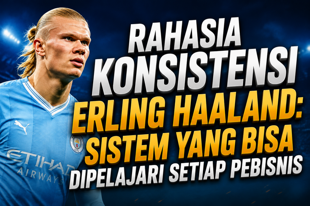 Erling Haaland mengenakan jersey Tim Nasional Norwegia dengan latar stadion, menggambarkan pentingnya sistem, disiplin, dan konsistensi sebagai fondasi kesuksesan yang dapat dipelajari setiap pebisnis