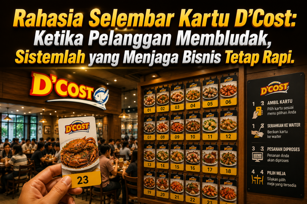 Ilustrasi restoran D’Cost yang ramai dengan sistem pemesanan menggunakan kartu menu, menggambarkan pentingnya sistem bisnis yang tetap rapi ketika jumlah pelanggan membludak.