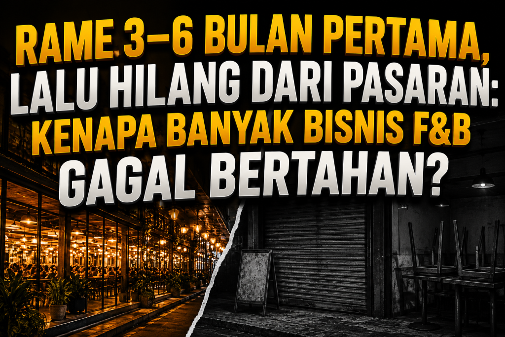 Rame 3–6 Bulan Pertama, Lalu Hilang dari Pasaran: Kenapa Banyak Bisnis F&B Gagal Bertahan? Ilustrasi restoran ramai berhadapan dengan restoran tutup sebagai simbol tantangan mempertahankan bisnis kuliner.