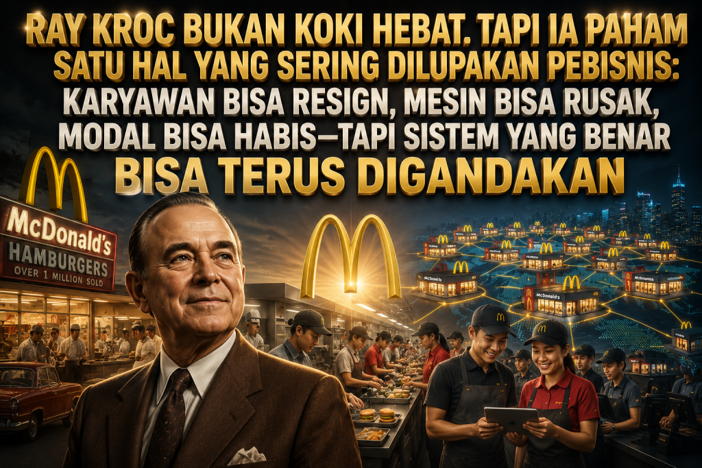 Ilustrasi Ray Kroc dengan latar restoran McDonald’s, karyawan yang bekerja mengikuti sistem operasional, serta jaringan gerai yang berkembang luas sebagai gambaran kekuatan sistem bisnis yang dapat direplikasi.