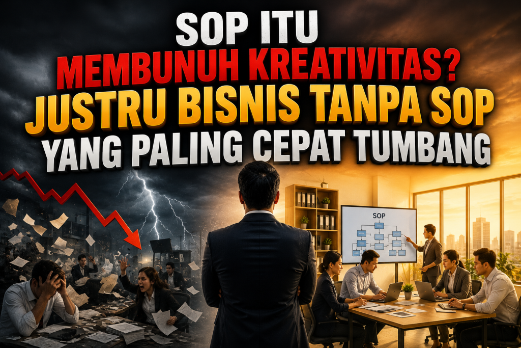 Ilustrasi kontras bisnis tanpa SOP yang kacau dan bisnis dengan SOP yang terstruktur, dengan judul "SOP Itu Membunuh Kreativitas? Justru Bisnis Tanpa SOP yang Paling Cepat Tumbang".