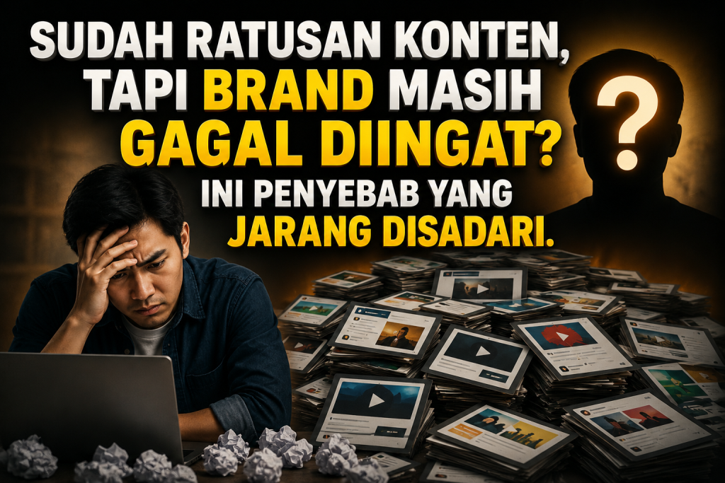 Ilustrasi seorang pemilik bisnis terlihat kebingungan di depan laptop dengan tumpukan konten di sekitarnya, menggambarkan masalah brand yang belum melekat di benak pelanggan meskipun telah memproduksi banyak konten.