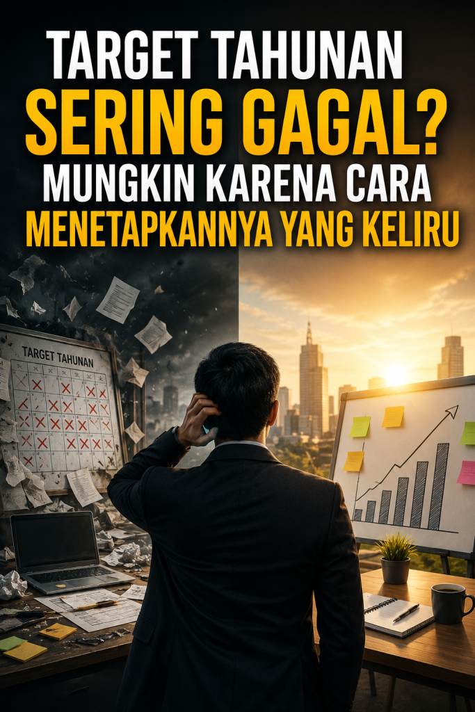 Ilustrasi seorang pebisnis berdiri di antara dua kondisi yang kontras: target tahunan yang berantakan dan strategi yang terstruktur, menggambarkan pentingnya menetapkan target bisnis dengan sistem eksekusi yang tepat agar lebih mudah dicapai.