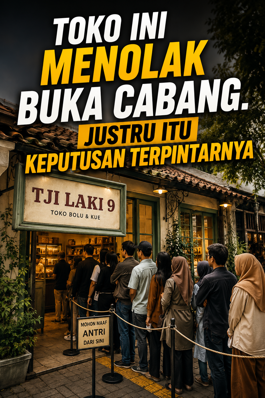 Toko Ini Menolak Buka Cabang. Justru Itu Keputusan Terpintarnya – ilustrasi antrean panjang pelanggan di Tji Laki 9 Bandung sebagai contoh strategi positioning bisnis yang sukses.
