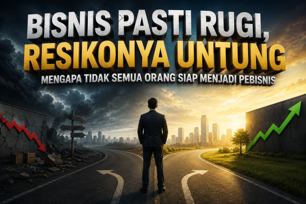 Ilustrasi sinematik seorang pebisnis berdiri di persimpangan jalan antara risiko kerugian dan peluang keuntungan, menggambarkan bahwa dunia bisnis membutuhkan keberanian, kesiapan mental, serta kemampuan mengelola risiko sebelum meraih kesuksesan.