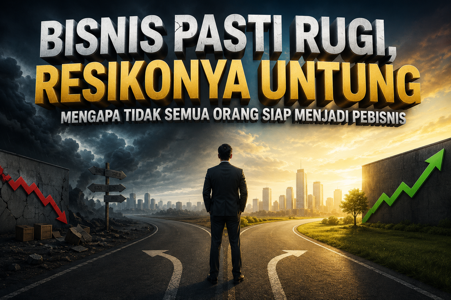 Poster bertema bisnis dengan suasana sinematik yang menampilkan seorang pria berjas berdiri di persimpangan jalan. Sisi kiri menggambarkan kondisi penuh tantangan dengan langit gelap dan grafik penurunan, sedangkan sisi kanan memperlihatkan langit cerah dengan grafik pertumbuhan sebagai simbol peluang dan keuntungan. Judul besar bertuliskan "Bisnis Pasti Rugi, Resikonya Untung" dengan subjudul "Mengapa Tidak Semua Orang Siap Menjadi Pebisnis", menegaskan bahwa keuntungan merupakan hasil dari kemampuan mengelola risiko, bukan sesuatu yang datang secara instan.