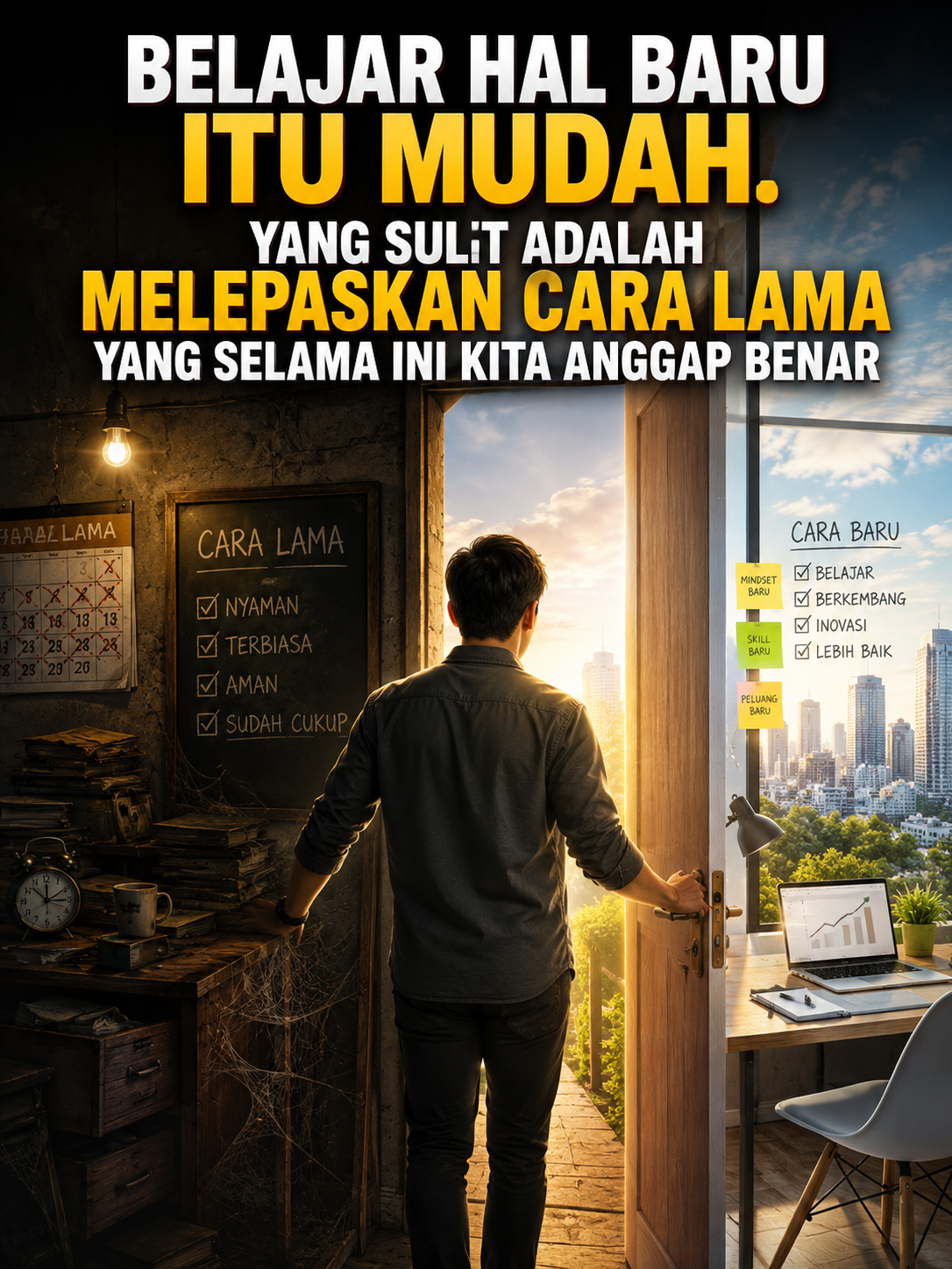 Cover artikel menampilkan ilustrasi sinematik seorang pria yang berdiri di depan pintu terbuka sebagai simbol transisi menuju perubahan. Di sisi kiri terlihat ruangan tua, redup, berdebu, dengan meja kerja usang, tumpukan dokumen, papan catatan, dan suasana stagnan yang merepresentasikan kebiasaan lama, zona nyaman, serta pola pikir yang sulit ditinggalkan. Di sisi kanan tampak ruang kerja modern yang terang dengan komputer, grafik pertumbuhan, jendela besar menghadap kota, dan nuansa optimistis yang melambangkan inovasi, pembelajaran, serta masa depan. Di bagian atas terdapat judul besar "Belajar Hal Baru Itu Mudah. Yang Sulit Adalah Melepaskan Cara Lama yang Selama Ini Kita Anggap Benar." Visual ini menggambarkan bahwa perubahan sejati bukan hanya tentang memperoleh pengetahuan baru, tetapi juga tentang keberanian meninggalkan cara berpikir lama yang selama ini dianggap paling benar. Artikel membahas bagaimana perubahan pola pikir menjadi fondasi utama pertumbuhan pribadi, kepemimpinan, dan keberhasilan bisnis di tengah dunia yang terus berubah.